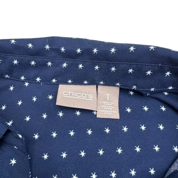 Chico's Women's Navy Blue Collared LS Blouse Top Star Print, Size 1 (US M) - Picture 6 of 7